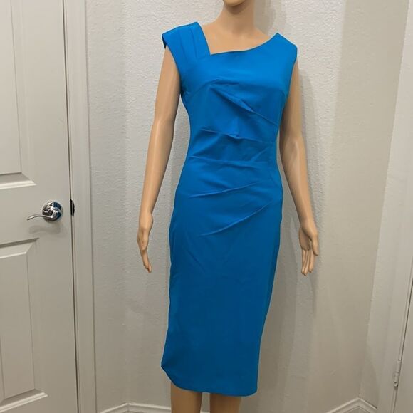 MUXXN Large Turquoise Blue  Asymmetrical Short Sleeve Midi Dress NEW SLIMMING - Picture 3 of 14